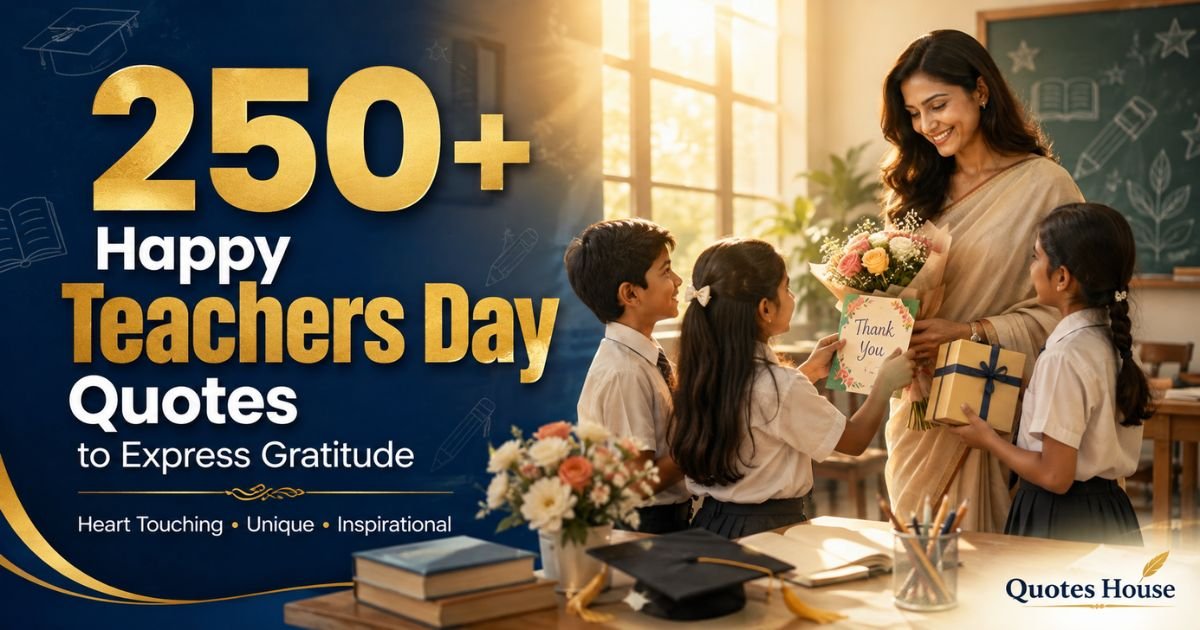 Teacher receiving flowers and a greeting card from students with the title "250+ Happy Teachers Day Quotes to Express Gratitude" in a bright classroom.